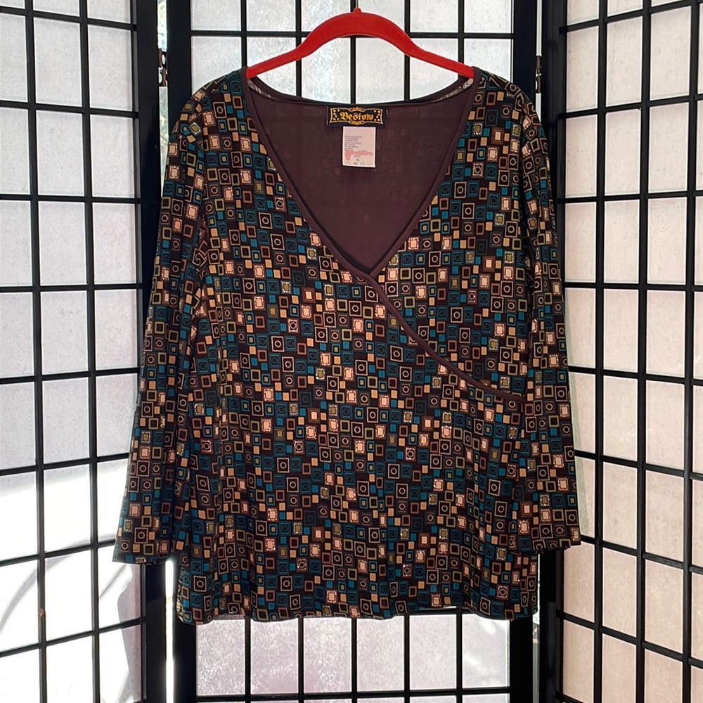Bestow Top/Blouse, Brown & Blue Pattern W Gold, SZ XL
